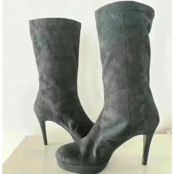 VERO CUIOIO BLACK LEATHER  FUR HEELS OVAL TOE PLATFORM BOOTS SIZE 38 - Picture 4 of 16